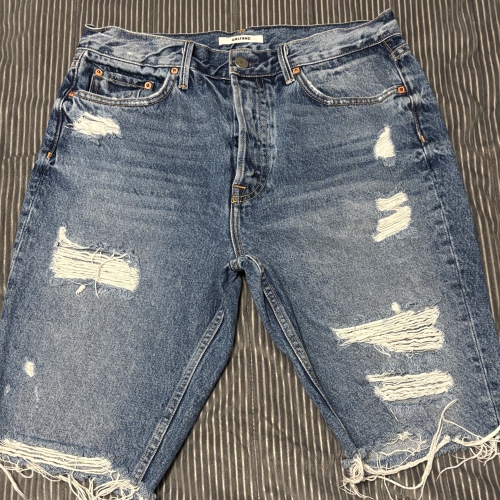 GRLFRND Distressed Blue Denim Bermuda Shorts